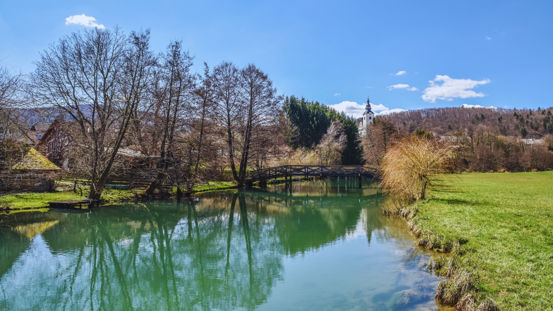 Section calme et émeraude de la rivière Krka près de Brežice