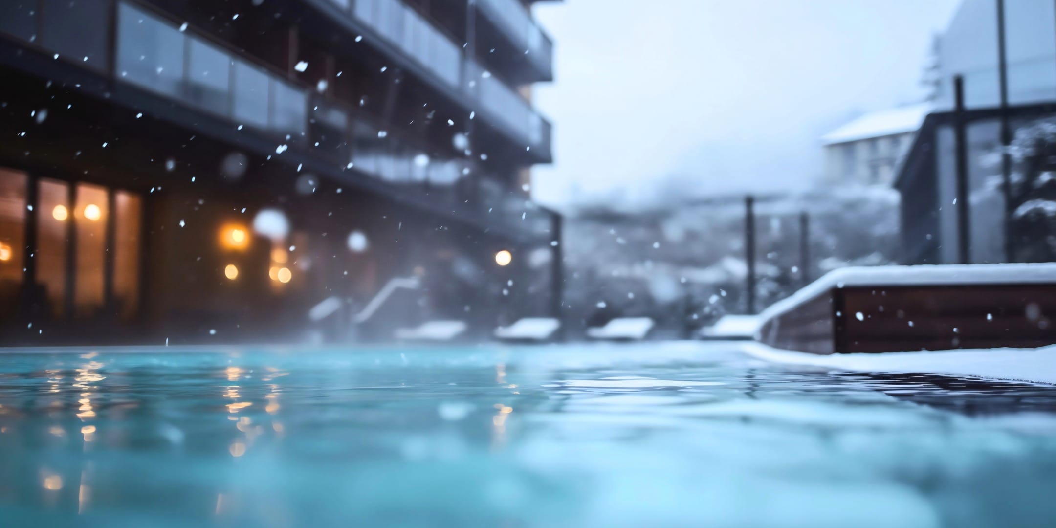 Outdoor thermal spa pool with snow falling and warm hotel lights blurred in the background