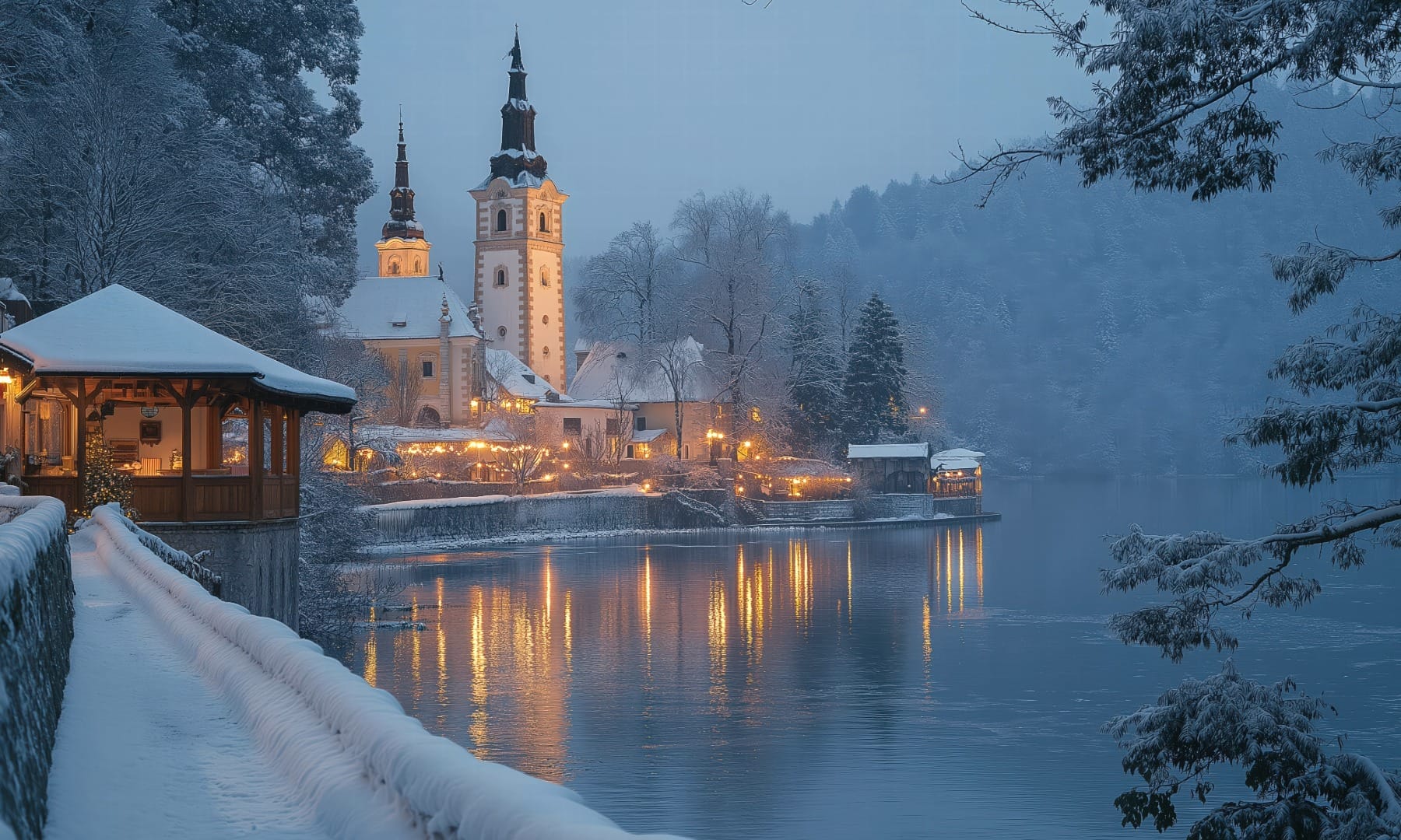 Illuminated wooden gazebo and church tower reflected on a lake on a winter evening