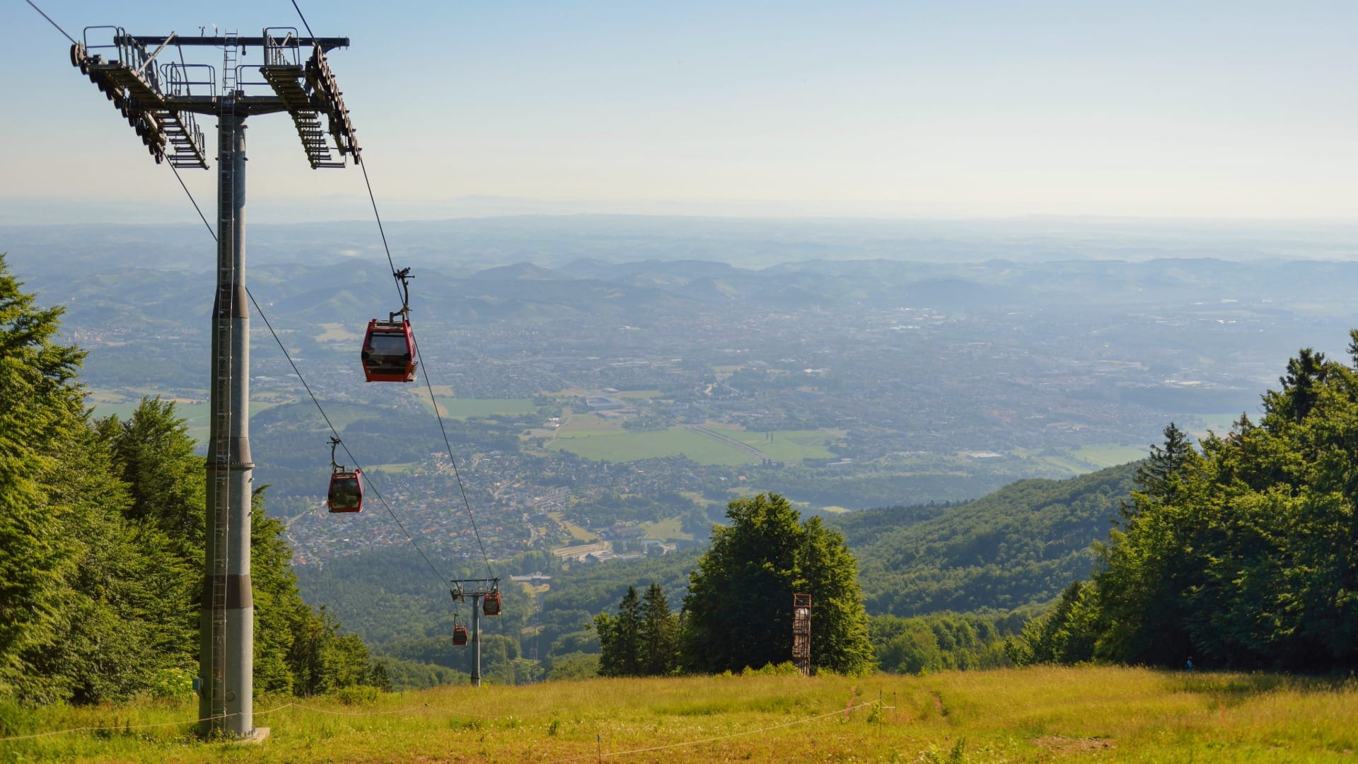 Cable car gondolas over Maribor, seen from Mariborsko Pohorje