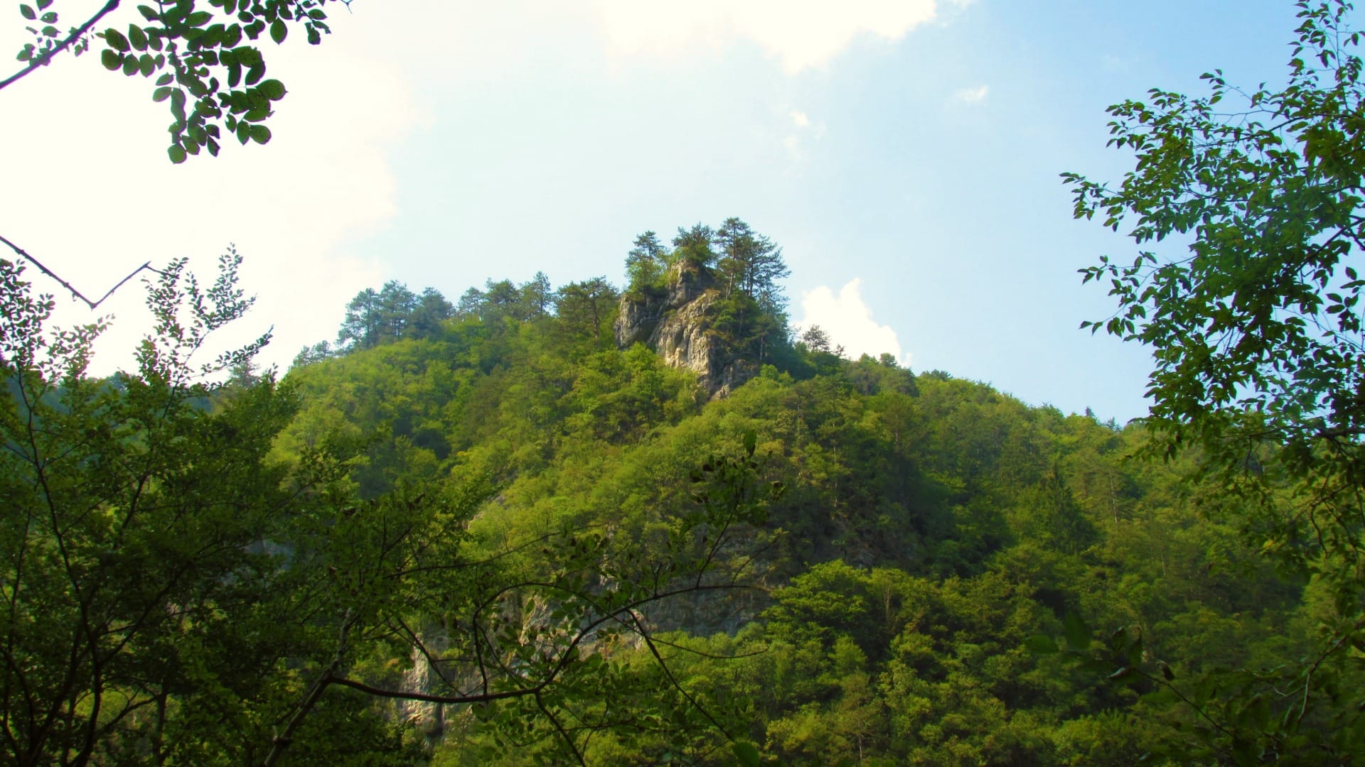 A rocky forested peak rising above the Iški Vintgar gorge, seen from the trail near Krvava Peč