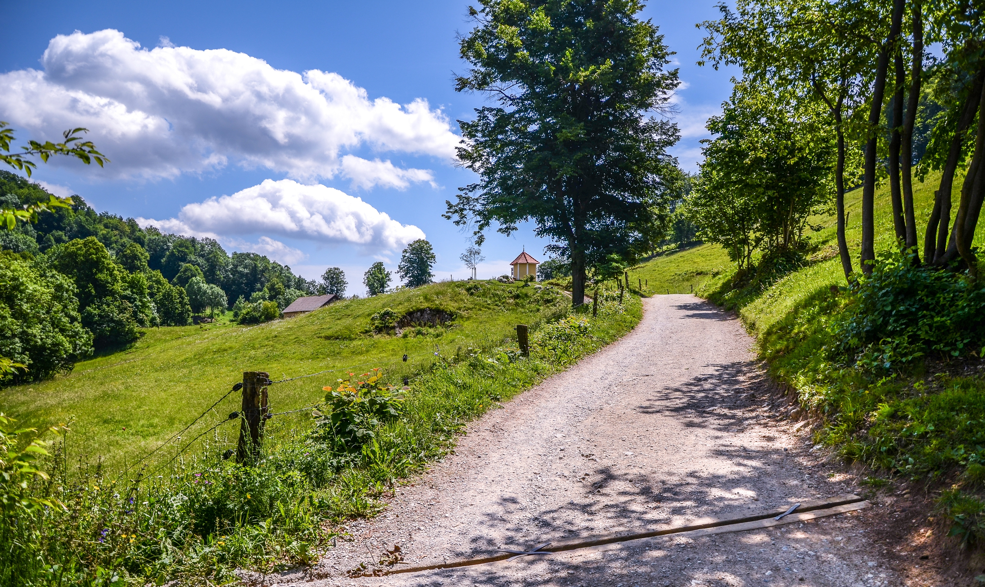 Camino de grava entre prados verdes que conduce a una pequeña capilla cerca de Šmarna Gora