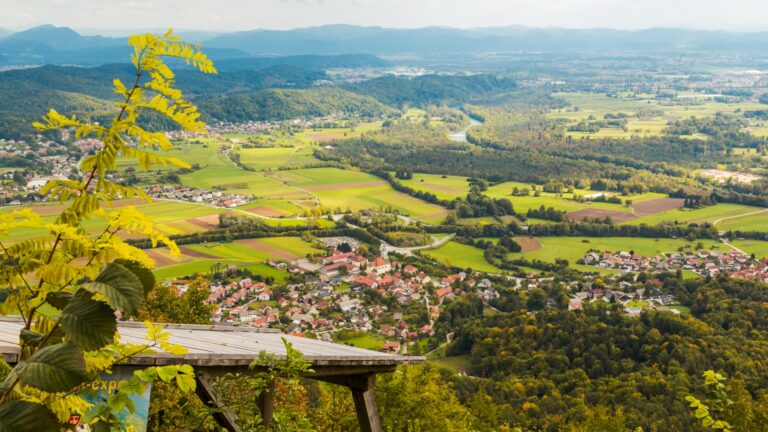 Panoramic viewpoint at the summit of Smarna Gora overlooking the Ljubljana countryside