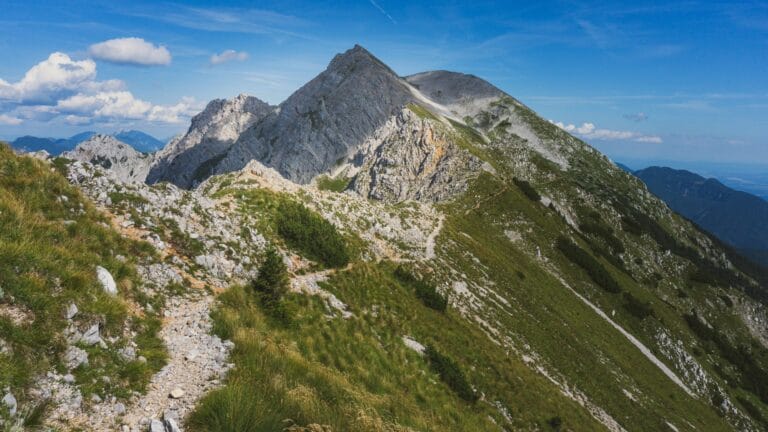 Rocky Karavanke ridge trail leading toward the summit of Stol