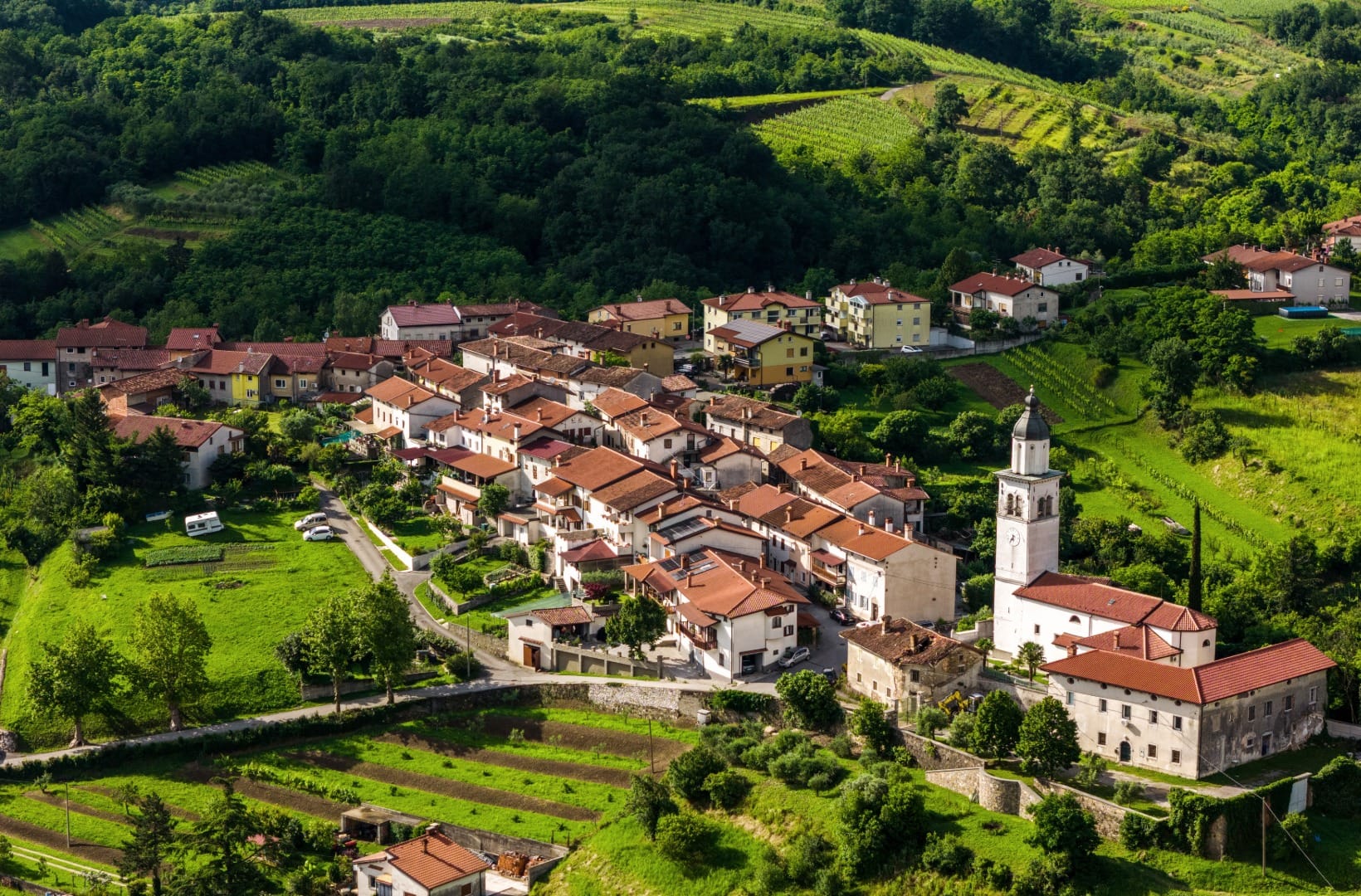 Aerial view of the dense stone wine village of Goče with its church tower, surrounded by vineyards
