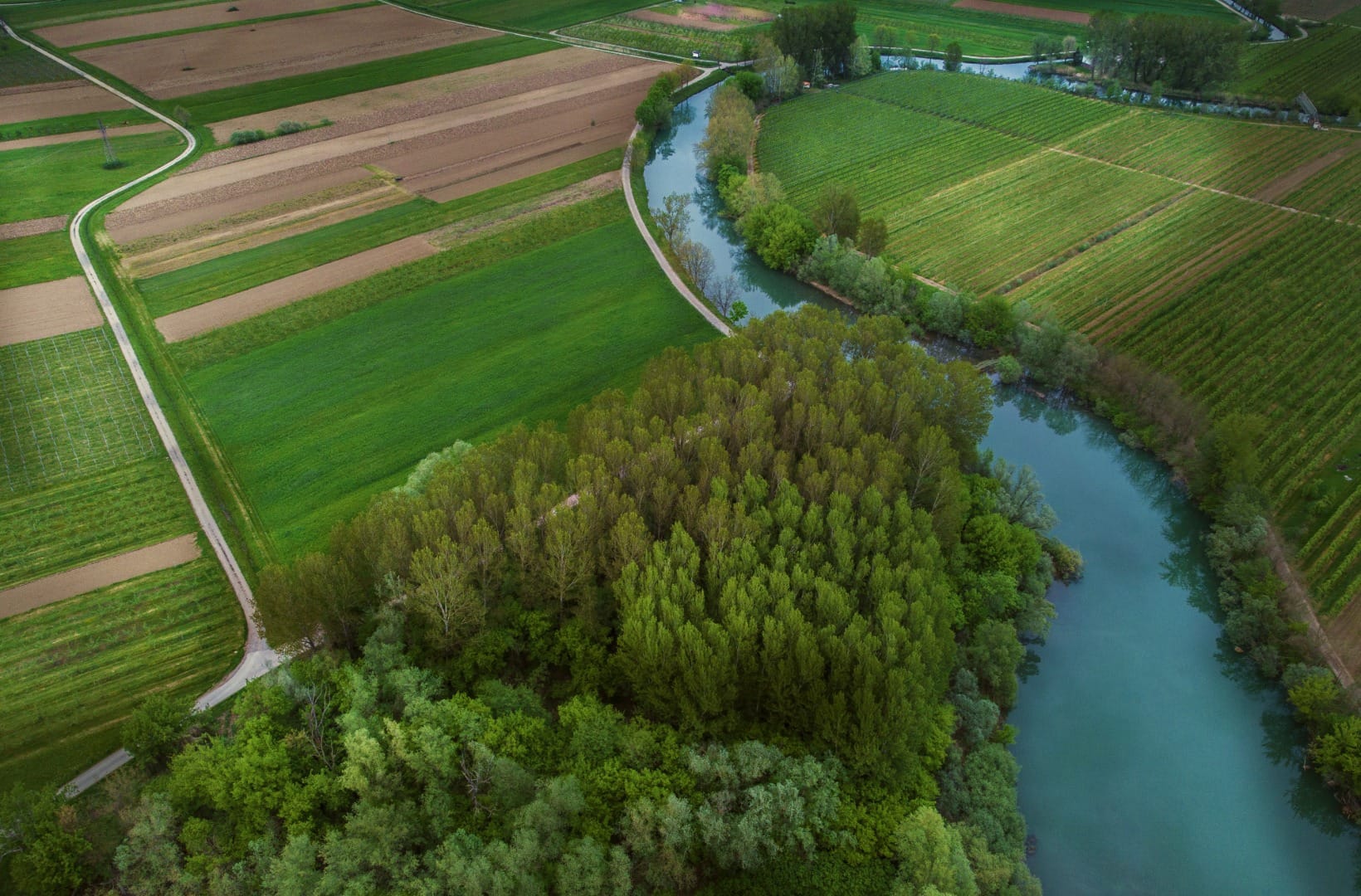 Aerial view of the Vipava river meandering through a patchwork of fields and vineyards with a farm lane alongside