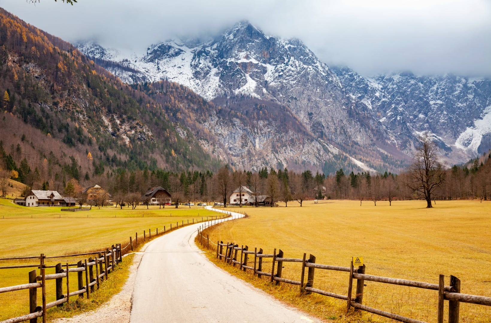 A dead-straight fenced lane through golden autumn meadows in Logarska dolina toward a snow-dusted grey mountain wall